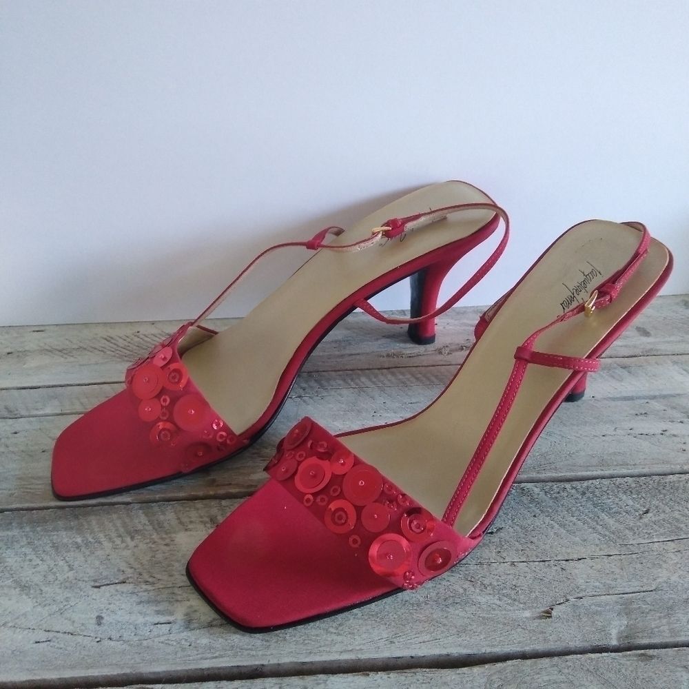 Vintage JACQUELINE Ferrar Red Satin Sequin Strappy Sandals 11M